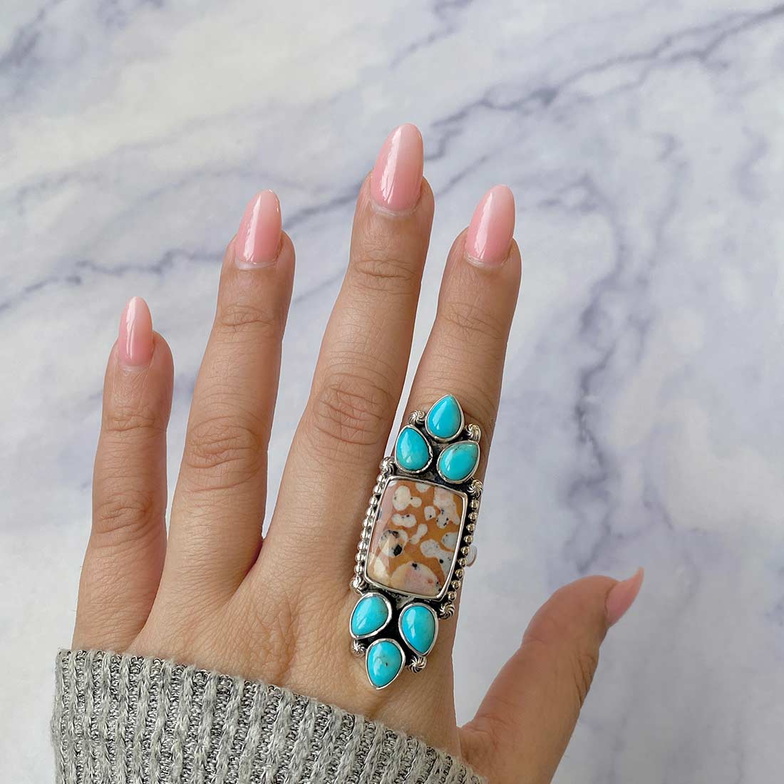 Deerfawn Jasper And Turquoise Crawler Adjustable Ring-(DFJ-CLS-1.)